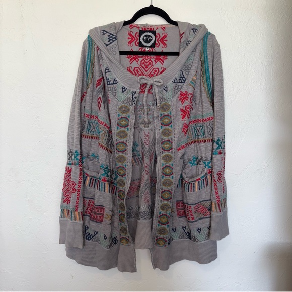 Johnny Was Biya Embroidered Hoodie Tie-Front Oversized Cardigan - Picture 1 of 13